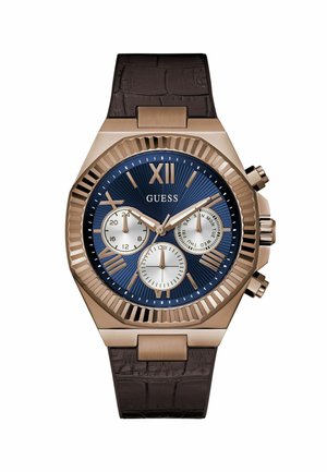 Bronze-colored watch with a dark brown leather strap, blue dial featuring three smaller dials, and Roman numeral XII at the top.