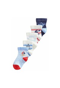 Cinco pares de calcetines de algodón en diferentes colores, con patrones náuticos que incluyen barcos, rayas y diseños lisos. Principalmente en azul, rojo y blanco.