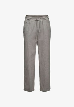 Heledast hallid vabaaja püksid elastse vöökohaga ja nööriga, sirgete säärtega ning küljetaskutega, valmistatud tekstuurse kangaga.