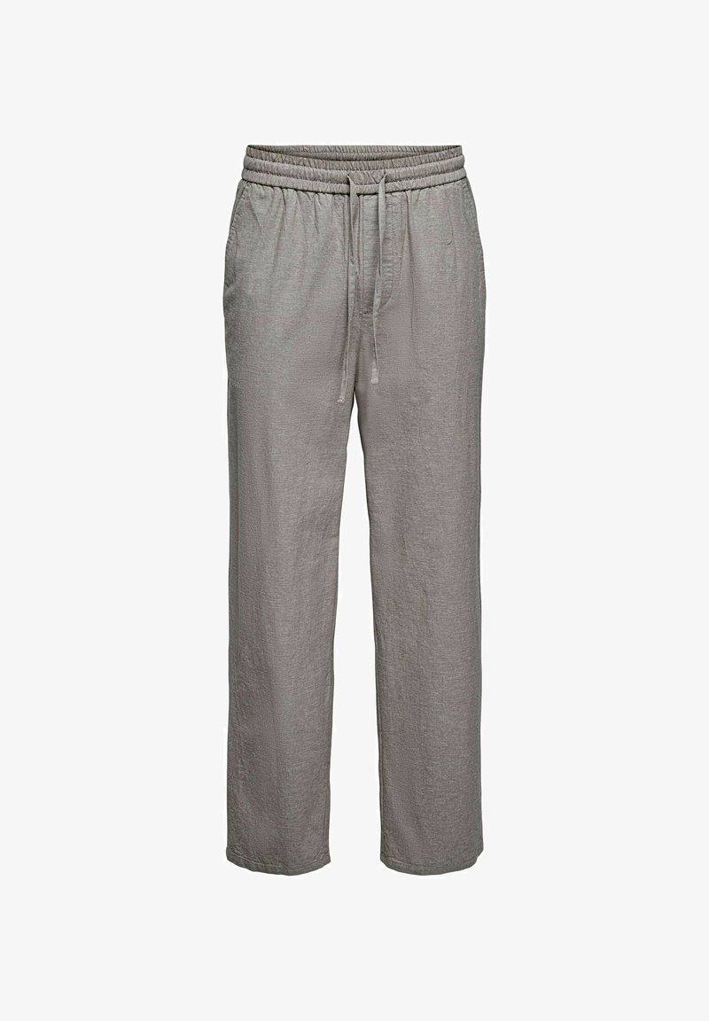 Pantalon décontracté gris clair avec taille élastique et cordon de serrage, jambes droites, poches latérales et tissu texturé.