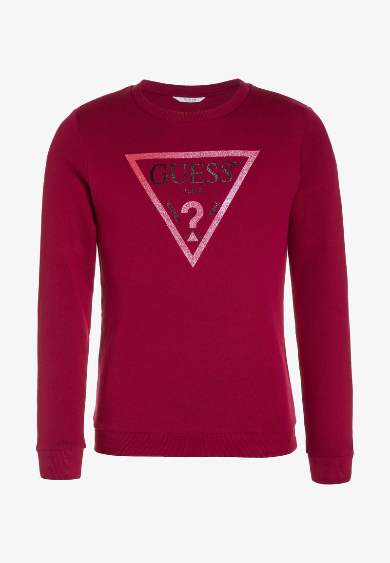 Sweat-shirt en coton rouge à manches longues, avec un logo graphique triangulaire étincelant au centre. Col et poignets côtelés.