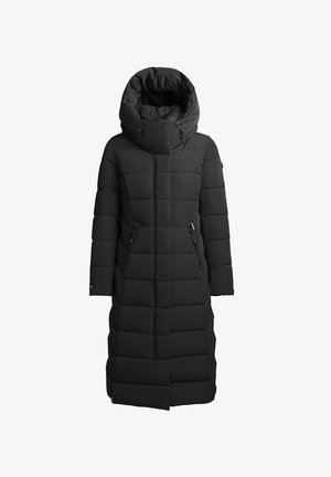 Abrigo de plumas largo y negro con capucha, que presenta secciones acolchadas, dos bolsillos laterales con cremallera y un diseño de corte recto. Textura suave y mate.