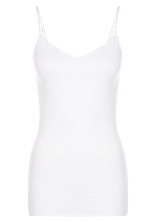 Witte cami-top gemaakt van gladde stof, met dunne verstelbare schouderbanden en een v-hals. Eenvoudig en aansluitend ontwerp.