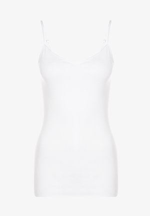 Witte cami-top gemaakt van gladde stof, met dunne verstelbare schouderbanden en een v-hals. Eenvoudig en aansluitend ontwerp.