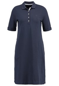 Robe polo bleu marine à manches courtes, col, quatre boutons blancs et poignets retroussés.