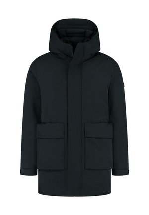 Parka nera imbottita con cappuccio, due grandi tasche frontali e una chiusura con zip robusta. Tessuto liscio e resistente all'acqua.