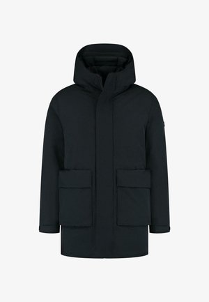 Černá zateplená parka s kapucí, dvěma velkými předními kapsami a pevním zipem. Hladká, voděodolná tkanina.