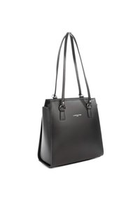 Sac fourre-tout en cuir noir avec deux poignées, de forme rectangulaire, texture lisse et quincaillerie en métal argenté. Présente un logo de marque sur le devant.