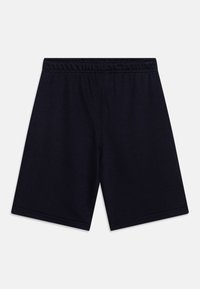 Námořnické modré sportovní šortky vyrobené z jemné tkaniny, s elastickým pasem, rovnými nohavicemi a bez dalších vzorů nebo akcentů.