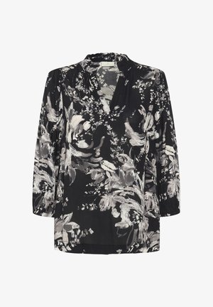 Černá květinová blůza s tříčtvrtečními rukávy, s volánovým výstřihem a volným střihem. Květnové vzory v odstínech šedé a bílé.