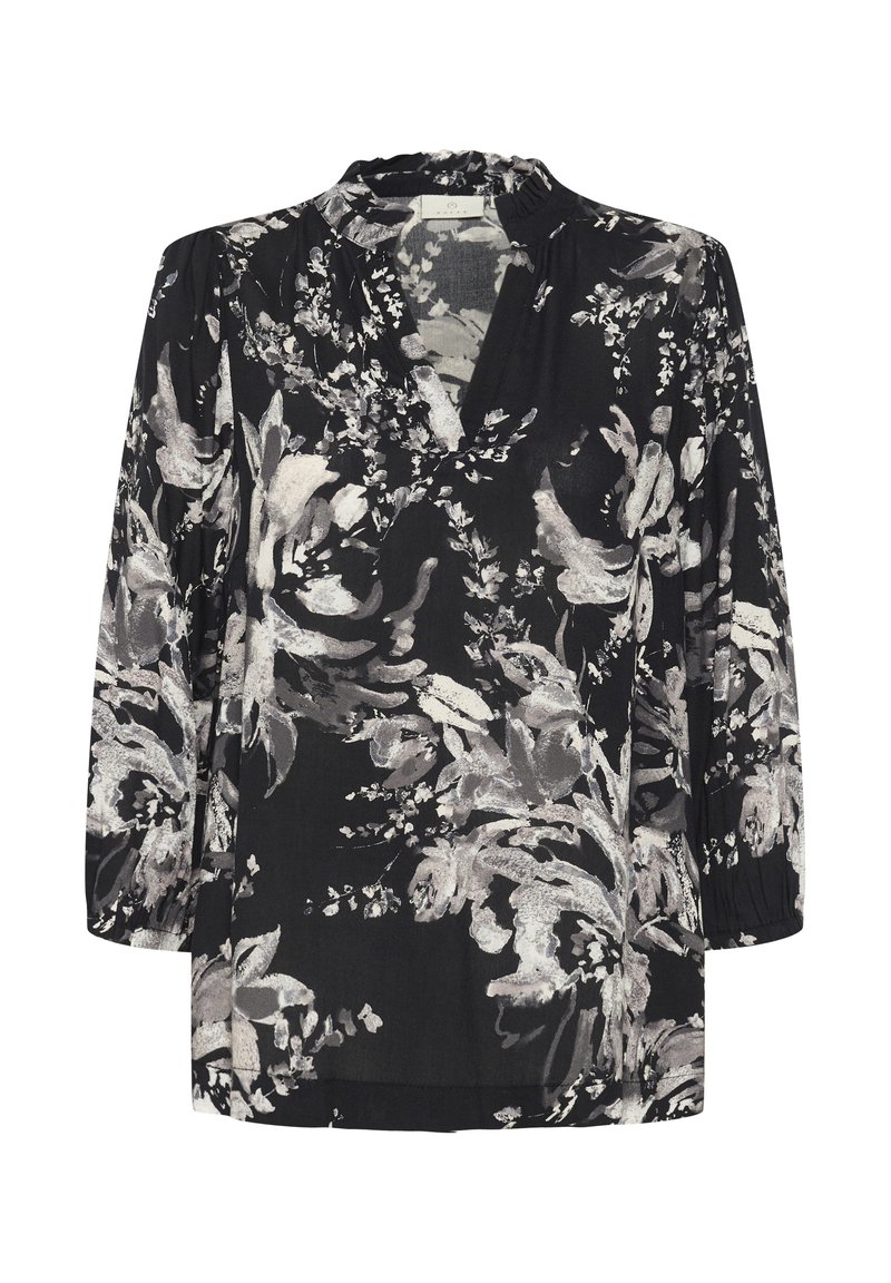 Schwarze Bluse mit floralen Motiven und Dreiviertelärmeln, mit einem gerafften Ausschnitt und lockerer Passform. Florale Muster in Grau- und Weißtönen.
