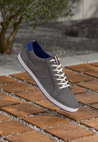 Gray canvas sneakers with white laces, blue accents, and red and white branding. Features a white rubber sole with textured detailing.