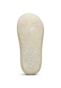 Suola di una scarpa, gomma beige chiaro testurizzata con un motivo circolare e il logo del marchio. Include la marcatura "20" sul lato.
