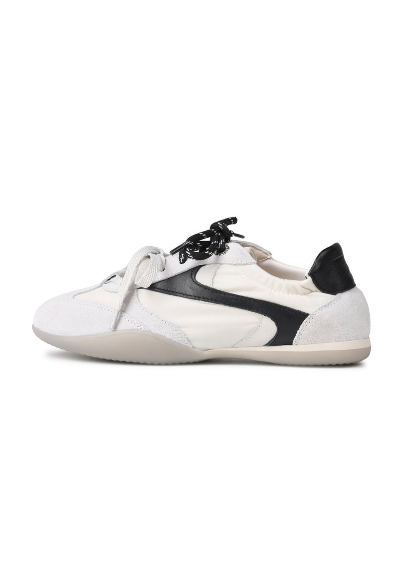 Sport shoes featuring a white and black color scheme, suede and leather materials, rubber sole, and black laces.