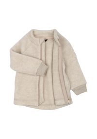 Bézs színű polárdzseki elülső cipzárral, bordázott mandzsettákkal és puha tapintású anyagból. Kerekített gallérral és minimalista dizájnnal rendelkezik.