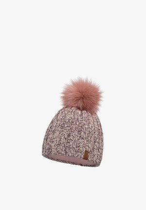 Gebreide beanie in roze en paarse tinten met een grote pluizige pompon bovenop, met een gestructureerd patroon en een klein leren logo label.