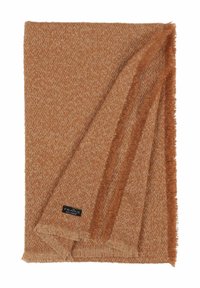 Getextureerde oranje-bruin sjaal met een visgraatpatroon en franjes aan de randen. Heeft een label met "FRAVAS" in een van de hoeken.