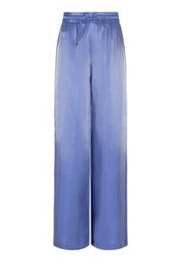 Lichtblauwe satijnen broek met wijde pijpen en een trekkoord in de taille, met een gladde textuur en een relaxte pasvorm. Geschikt voor zowel casual als chique gelegenheden.