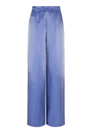Lichtblauwe satijnen broek met wijde pijpen en een trekkoord in de taille, met een gladde textuur en een relaxte pasvorm. Geschikt voor zowel casual als chique gelegenheden.