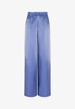 Lichtblauwe satijnen broek met wijde pijpen en een trekkoord in de taille, met een gladde textuur en een relaxte pasvorm. Geschikt voor zowel casual als chique gelegenheden.