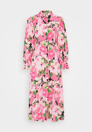 Robe midi fleurie avec un motif rose, vert et noir, dotée de manches longues, d'un col et d'une fermeture à boutons. Tissu doux et silhouette fluide.