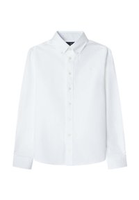 Hvit langermet skjorte laget av bomull med krage som kan kneppes, med en frontpløye, syv knapper og en liten brodert logo.