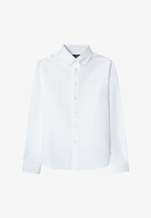 Camicia bianca a maniche lunghe in cotone con colletto button-down, dotata di una patta frontale, sette bottoni e un piccolo logo ricamato.