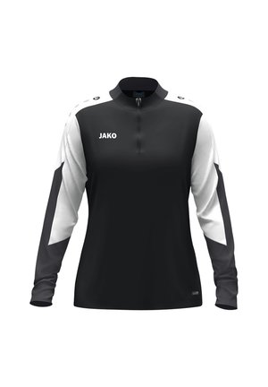 Maglia sportiva a maniche lunghe in bianco e nero, con zip a quattro quarti, collo alto e logo "JAKO" sul petto. Realizzata in tessuto leggero.