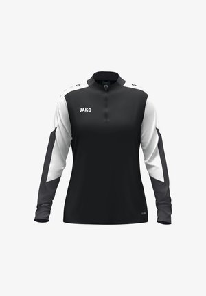 Maglia sportiva a maniche lunghe in bianco e nero, con zip a quattro quarti, collo alto e logo "JAKO" sul petto. Realizzata in tessuto leggero.