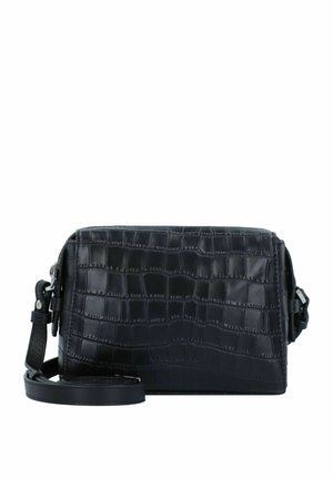 Sacoche noire en simili cuir texturé avec motif crocodile, dotée d'une bandoulière amovible et de détails en métal argenté.