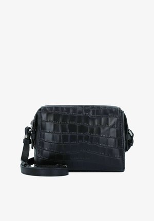 Schwarze Umhängetasche aus strukturiertem Kunstleder mit Krokodilmuster, ausgestattet mit einem abnehmbaren Tragegurt und silbernen Hardware-Details.