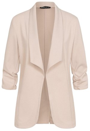 Světle béžový kardigan vyrobený z texturované tkaniny, s volným límcem, otevřeným předním dílem a tříčtvrtečními rukávy se shromážděným detailem.