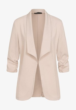 Lys beige cardigan laget av strukturert stoff, med drapert krage, åpen front og trekvart ermer med rynkedetaljer.