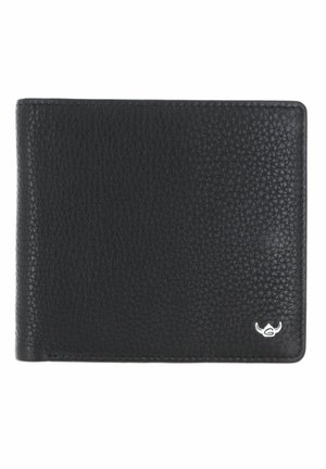 Black textured leather bifold wallet with a small silver logo on the bottom right corner.