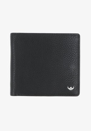 Schwarzes bifold Portemonnaie aus strukturiertem Leder mit einem kleinen silbernen Logo in der unteren rechten Ecke.