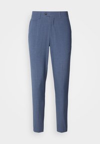 Pantalon bleu ajusté pour femmes avec fermeture avant à bouton et zip, passants pour ceinture, et une petite poche latérale.
