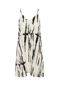 Robe blanche sans manches avec un motif abstrait vertical à coups de pinceau noirs et de fines bretelles, coupe ample au-dessus du genou.