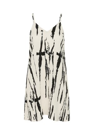 White sleeveless dress with black abstract vertical brushstroke pattern and thin shoulder straps, loose fit above knee length.