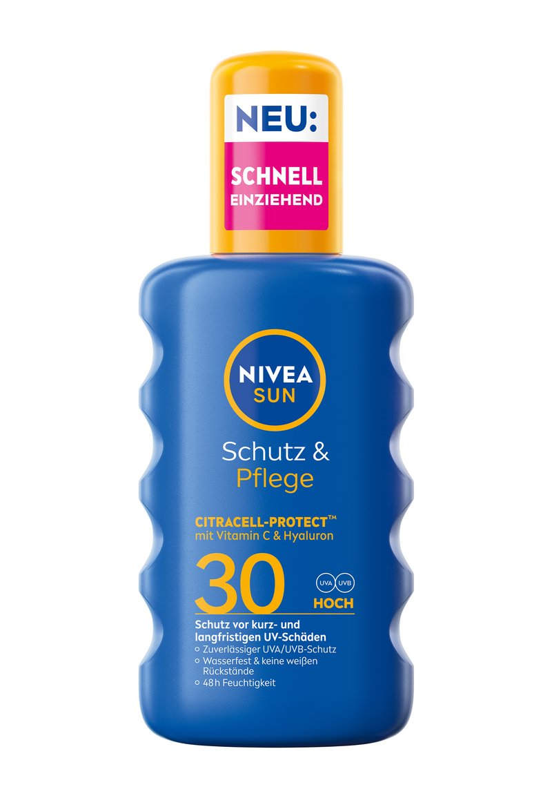 NIVEA Sun Sonnencreme-Flasche, blaue Plastik, gerippte Form, gelbe Kappe, mit der Angabe "30" SPF und dem Etikett "Schnell Einziehend" in Pink.