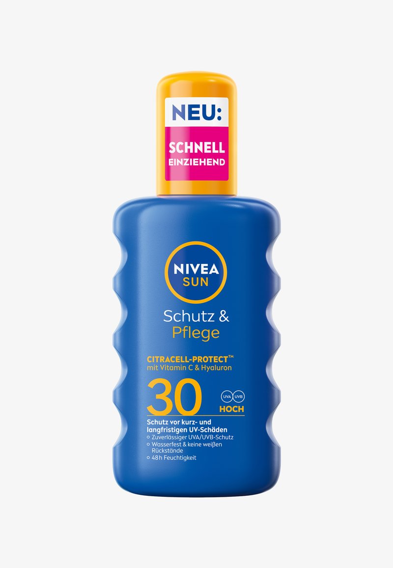 NIVEA Sun Sonnencreme-Flasche, blaue Plastik, gerippte Form, gelbe Kappe, mit der Angabe "30" SPF und dem Etikett "Schnell Einziehend" in Pink.