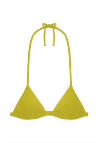 Yellow triangular bikini top with a textured finish and self-tie straps, featuring a simple design and no additional embellishments.