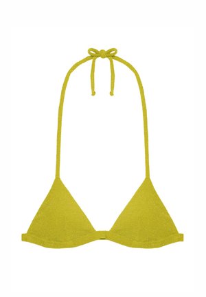 Yellow triangular bikini top with a textured finish and self-tie straps, featuring a simple design and no additional embellishments.