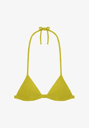 Top de bikini galben în formă de triunghi, cu un finisaj texturat și curele legate de sine, având un design simplu și fără embellishments suplimentare.