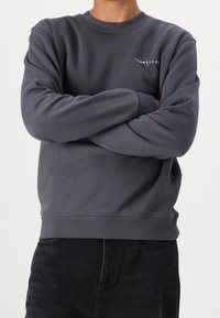 Sweatshirt gris en mélange de coton, avec un col rond, des poignets côtelés et un petit logo blanc sur la poitrine gauche. Coupe décontractée.