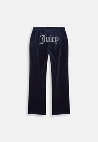 Ναυτικές βελούδινες φόρμες με φαρδύ κόψιμο, διακοσμημένες με ρινοστάτη "Juicy" στην πίσω μέση. Μαλακή υφή, ελαστική μέση.