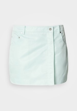 Fustă din denim verde mentă deschis, cu închidere prin buton și fermoar în față, două buzunare laterale și o textură curată și netedă.