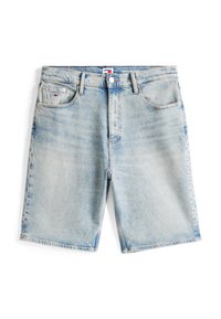 Light blue denim shorts with a relaxed fit, mid-rise waist, five-pocket design, and faded wash. Features a button closure and belt loops.