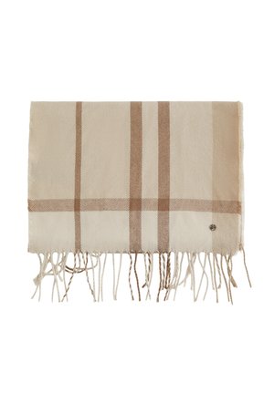 Beige és krém színű kockás sál, rojtos szélekkel és egy kis kerek fém logó címkével az egyik sarokban.