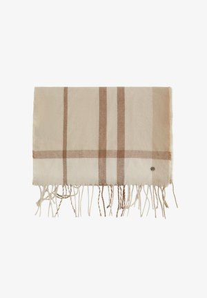 Bēša un krēmkrāsas šalle ar šķērsojošiem rakstiem, ar frēzētajiem galiem un mazu apaļu metāla logotipa birku vienā malā.