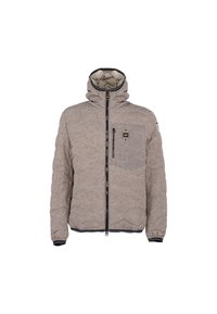Giacca puffer grigia chiara con motivo trapuntato, colletto alto, cappuccio e cerniera nera. Presenta una tasca sul petto e polsini a costine.